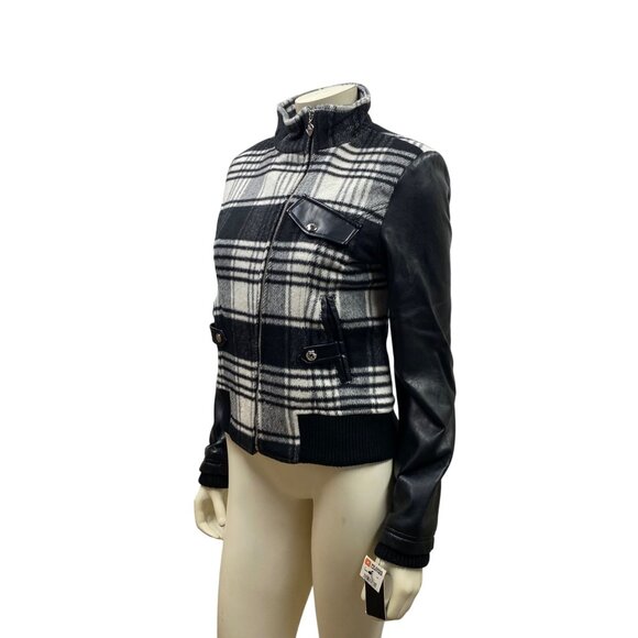 Guess Plaid & Faux Leather Womens Bomber Jacket With Zipper & Pockets‎ - Size M - Picture 1 of 10